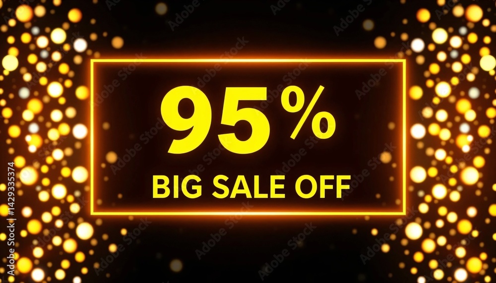 Fototapeta premium 95% Big Sale Off Advertisement With Golden Lights and Black Frame 