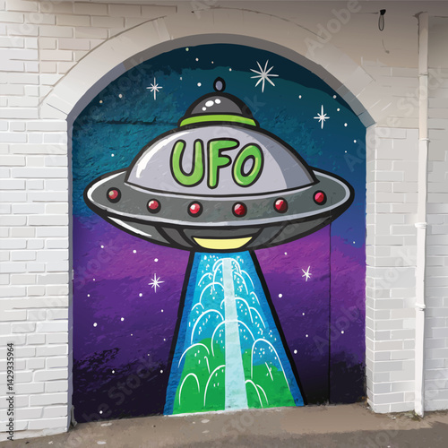 A whimsical cartoon UFO emitting a beam of light onto vibrant graffiti text spelling "Cosmic" against a starry night sky background.