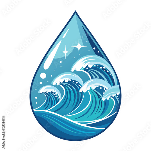 Design a vibrant blue water drop icon, incorporating realistic wave reflections and subtle sparkle effects; suitable for a website or app.