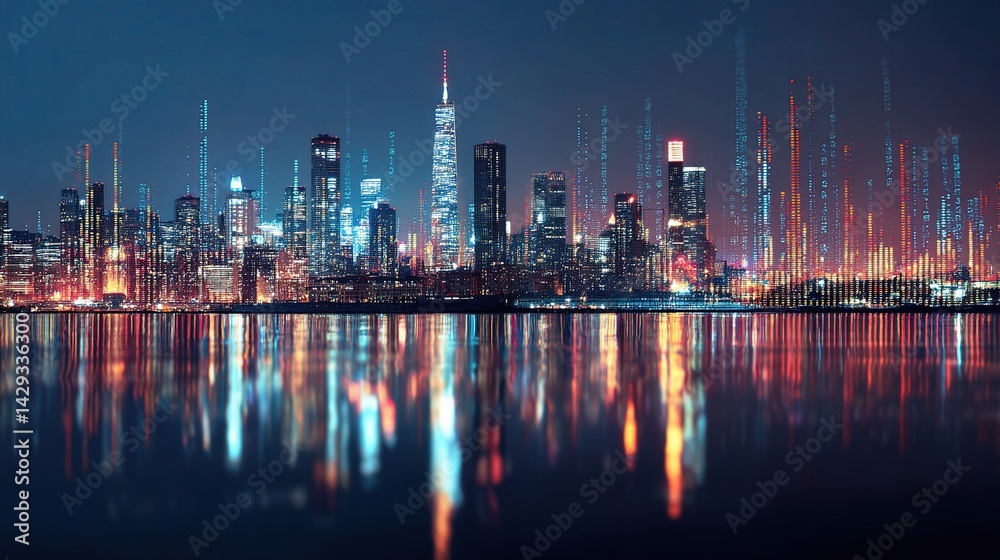 Fototapeta premium Digital Streams Over New York Skyline at Night with Reflections