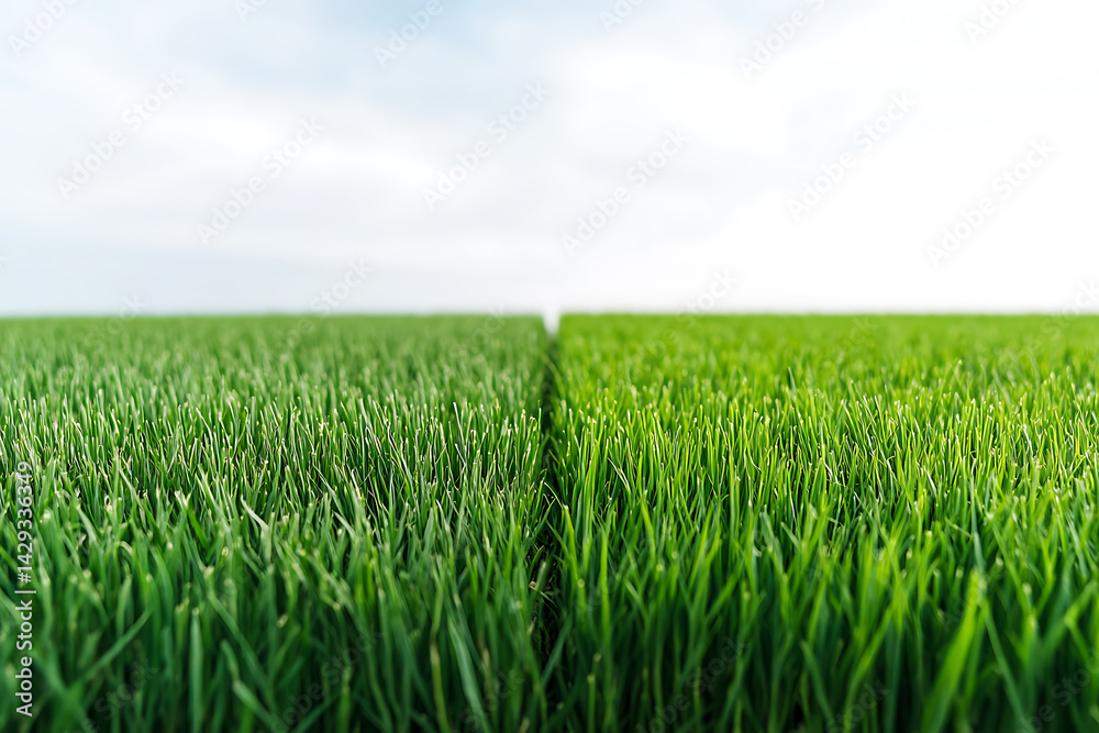 Fototapeta premium Lush green field stretching to the horizon under a bright sky, nature's beauty, fresh spring season, agricultural landscape, grassy lawn.