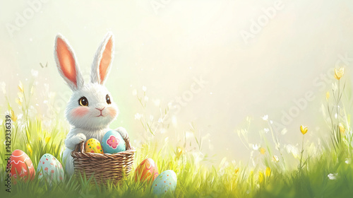 Cheerful Easter illustration with colorful decorated eggs, green grass and cute bunny holding basket - bright pastel color palette, soft lighting, whimsical and joyful atmosphere, suitable for holiday