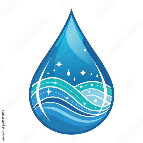 Design a vibrant blue water drop icon reflecting subtle wave patterns and incorporating a stylized 'S' for sustainability.