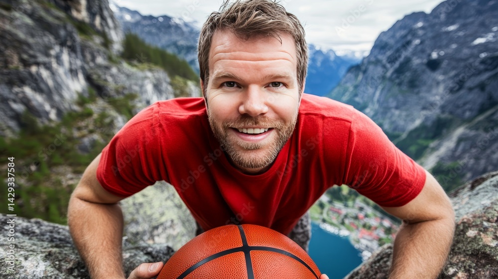 A man in a red shirt is holding a basketball on top of a mountain