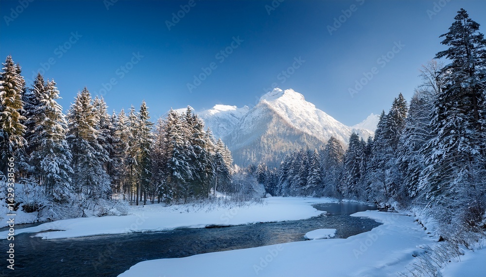 Fototapeta premium winter forest with a river and a beautiful mountain