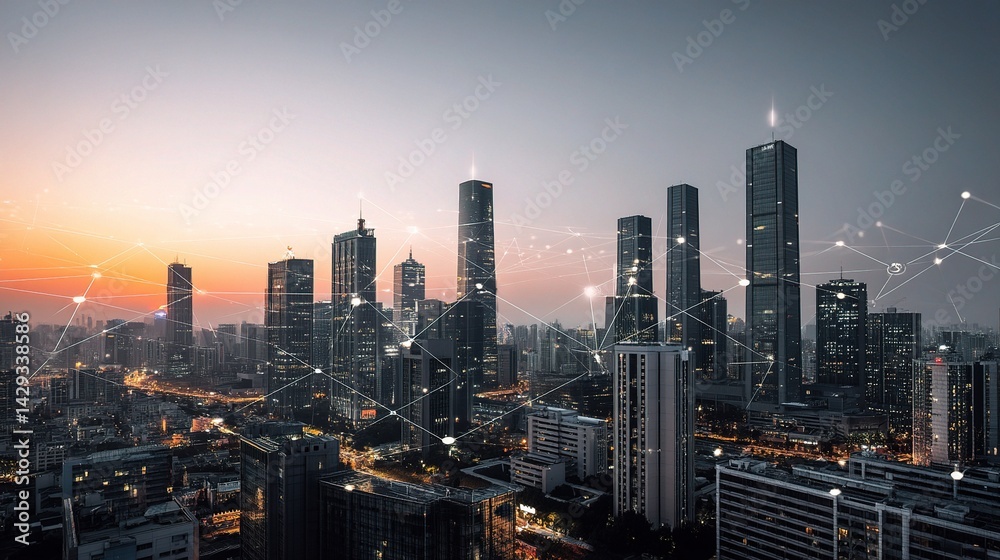 Fototapeta premium High Rise City Skyline at Sunset with Modern Connectivity Concept