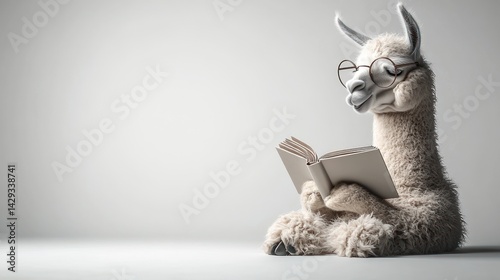 A charming llama in glasses sits upright, absorbed in a book