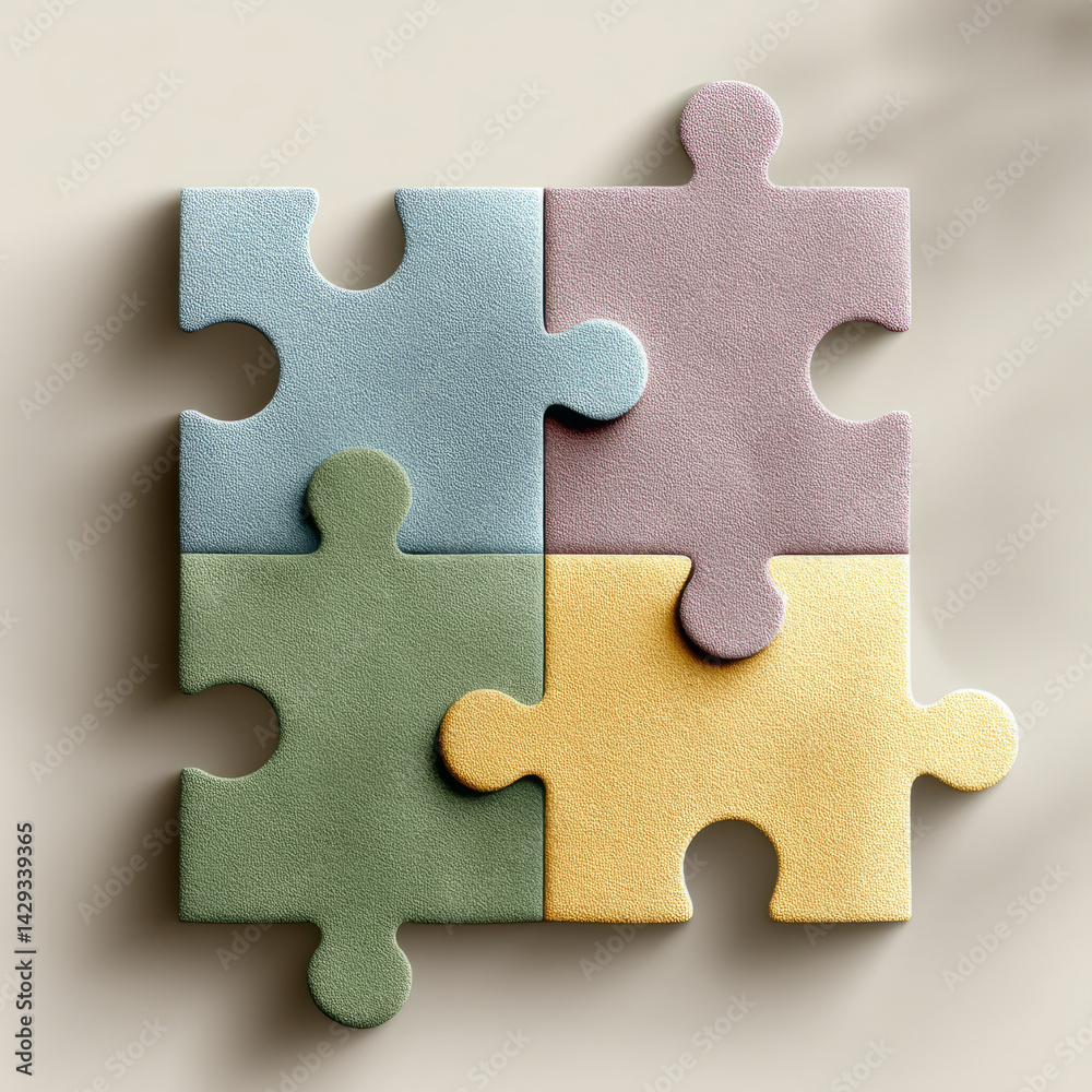Fototapeta premium Four pastel puzzle pieces connected together.