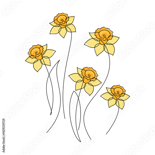 Hand drawn yellow daffodil flower vector. Linear icon. Line continuous drawing. Floral design, botanical print, card, wall art poster, logo, sign, doodle, symbol. Abstract cartoon plant illustration