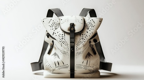 High-fashion white backpack with bold graphic patterns, slim design, and reflective details, isolate on white background