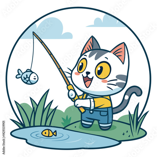 A cheerful cartoon cat sits on a lily pad, fishing rod in paw, inside a vibrant comic speech bubble;  a serene pond scene is visible behind.