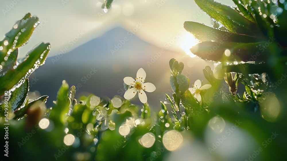 A lush green field with a small white flower atop, nestled beside a majestic mountain in the backdrop