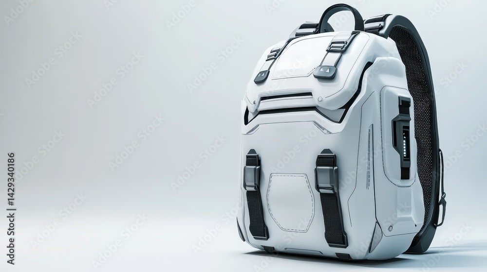 Obraz premium Trendy white backpack with futuristic graphic elements, reflective accents, and minimalist silhouette, isolate on white background