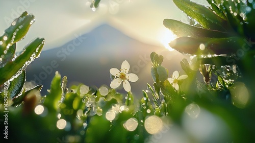 Obraz na płótnie A lush green field with a small white flower atop, nestled beside a majestic mountain in the backdrop w salonie