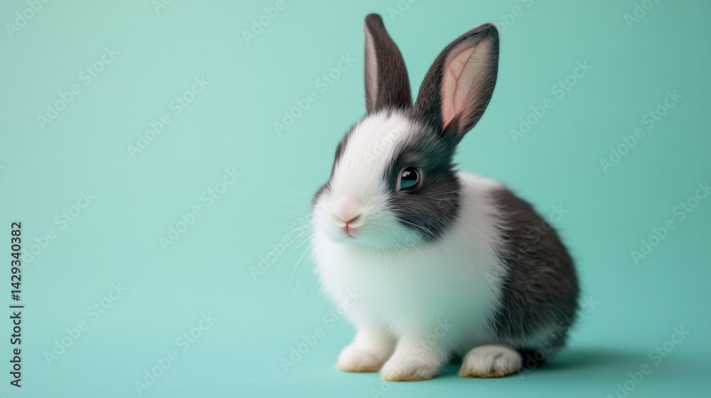 Obraz premium Fluffy black-and-white bunny, calmly sitting on a pastel green minimalist backdrop 