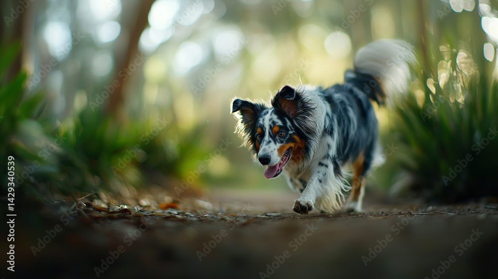 A dog runs through the woods with its mouth open and its tongue out