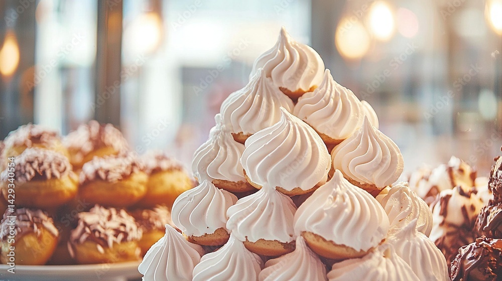 A stack of white-frosted cupcakes sits beside another pile on a table