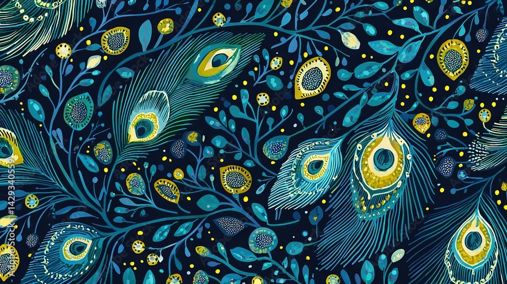 A painting of blue and yellow feathers on a dark blue background with green leaves and white dots