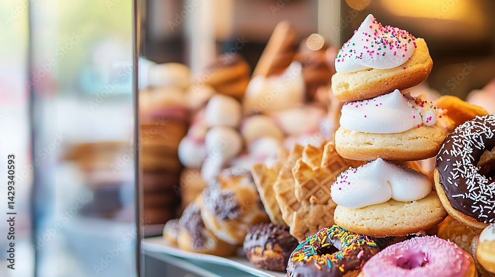 A tall stack of diverse donuts and waffles in a showcase