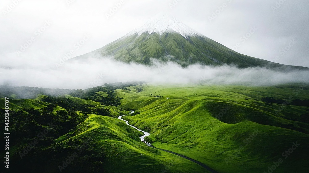An aerial photo of a mountain with a river in the foreground and a misty sky in the backdrop