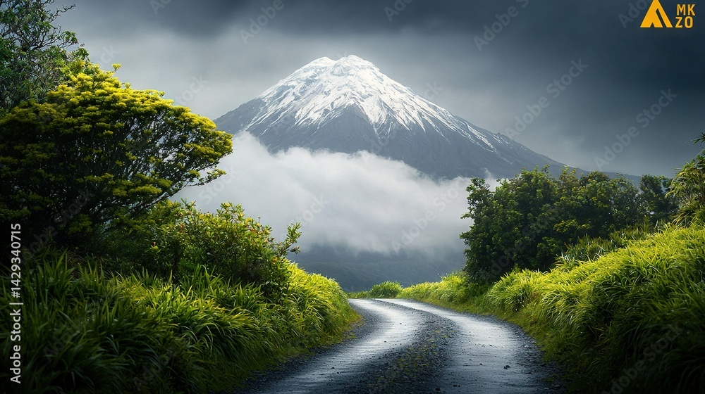 Picture of a winding road with majestic mountains behind it Sky filled with cotton-like clouds Lush forest in the foreground