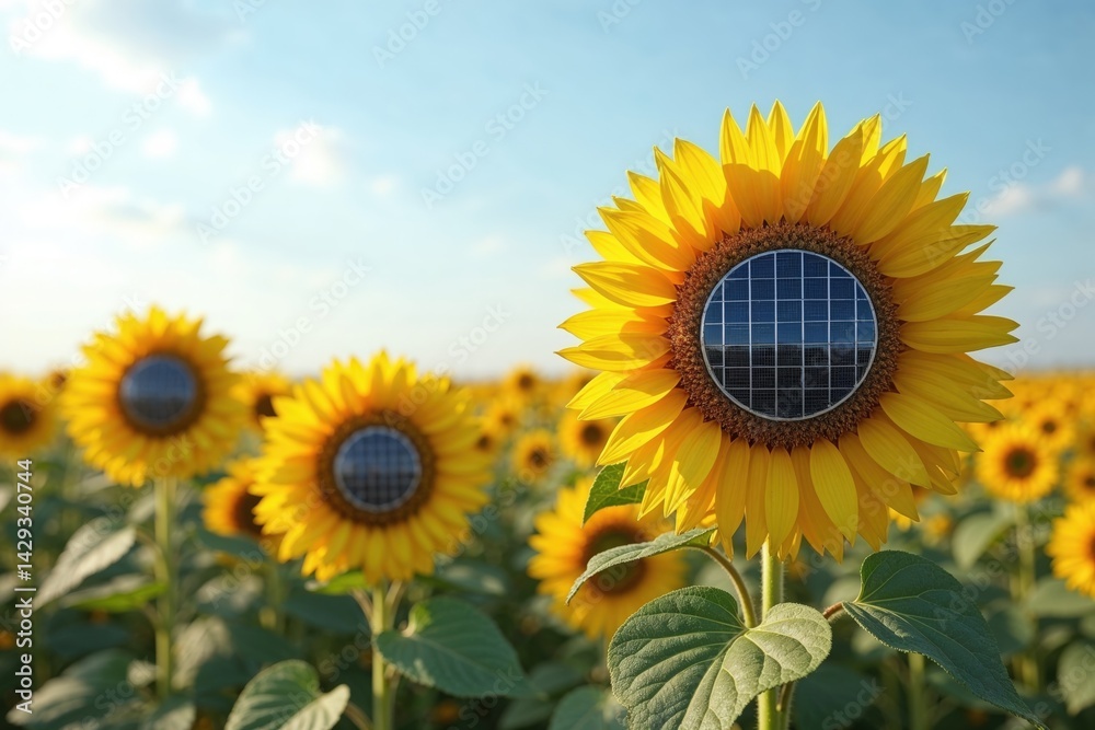 Fototapeta premium Field of Sunflowers with Integrated Solar Panel Centers – Renewable Energy Concept
