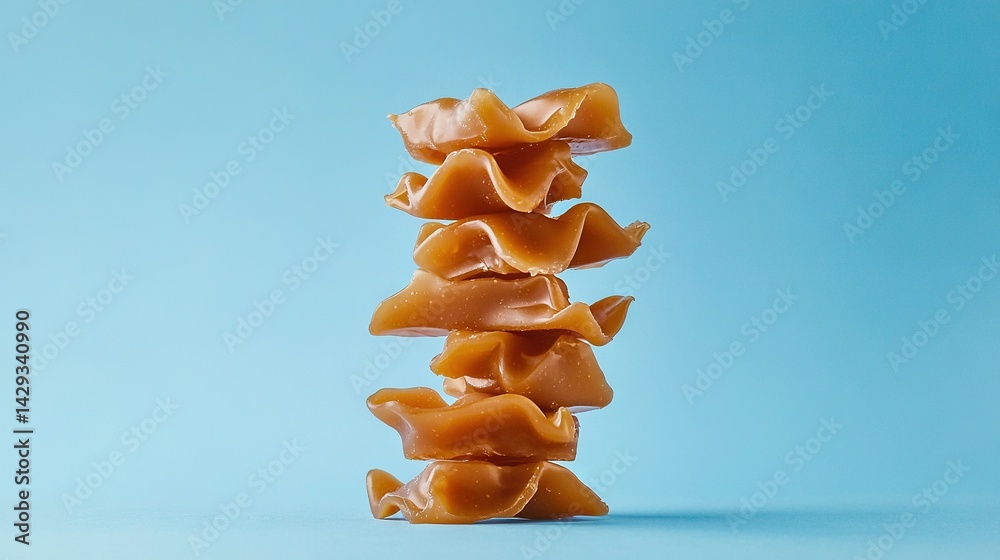 A blue-surfaced platform holds a stack of layered food pieces