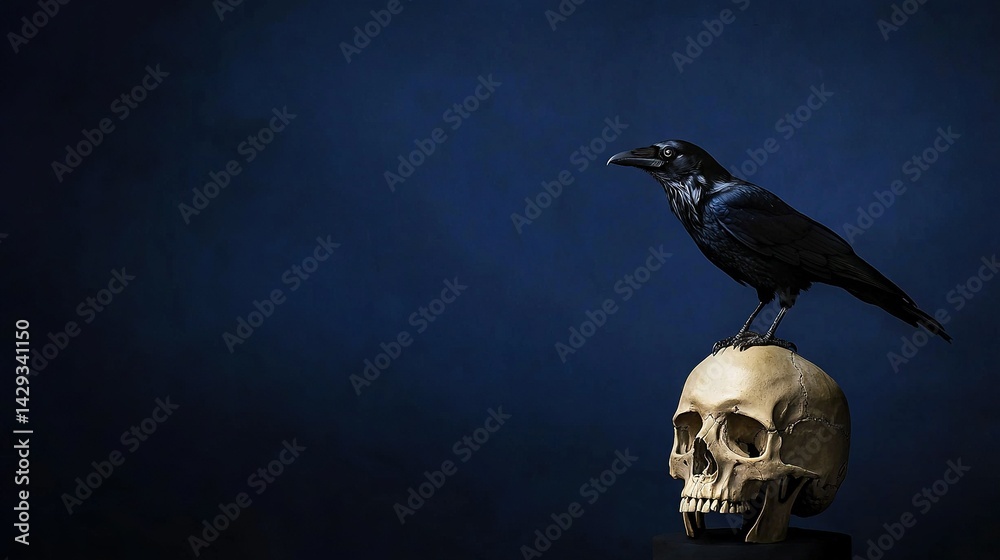 A raven perched atop a skeleton resting upon a wooden effigy of a human head