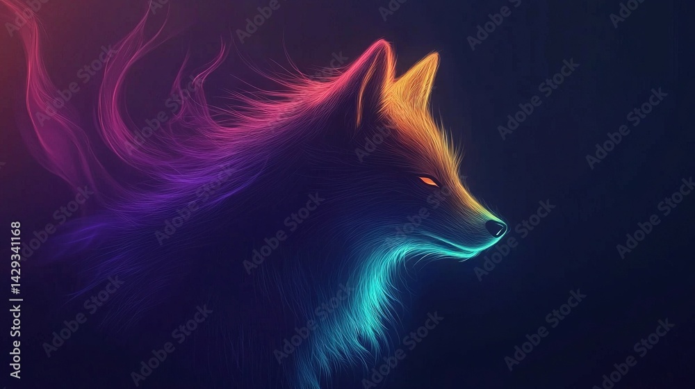 A close-up image of a vividly colored wolf's face against a dark background, featuring a red, yellow, and blue tail