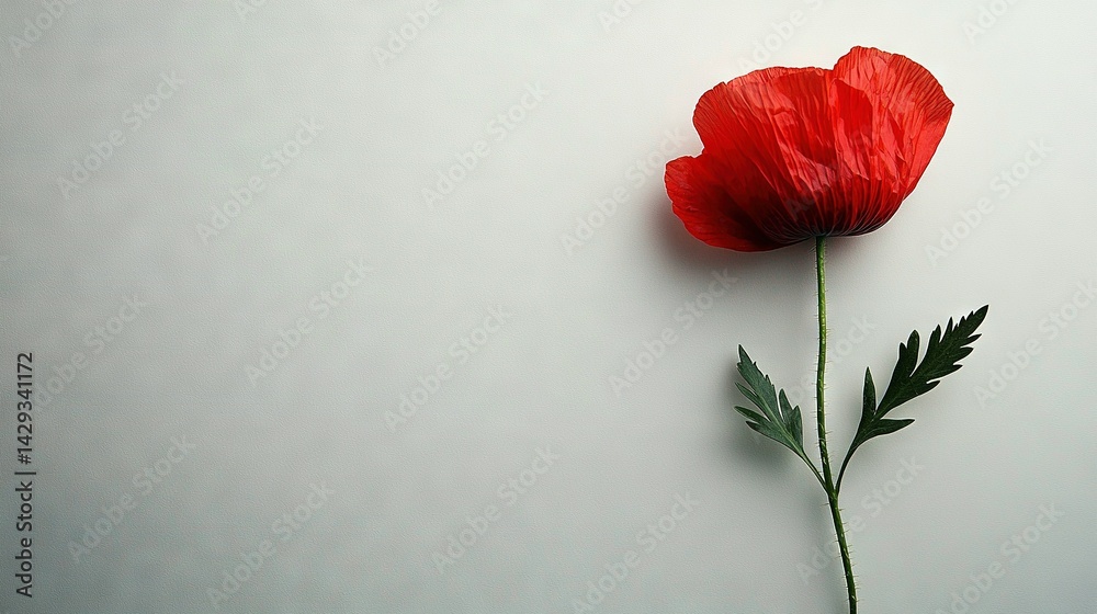 A solitary crimson blossom resting on a pristine wooden surface beside verdant foliage on a stark white background