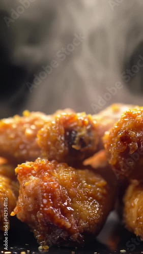 Hot steaming chicken wings glazed in barbecue sauce. Vertical food video  
