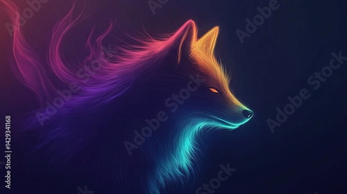 Obraz na płótnie A close-up image of a vividly colored wolf's face against a dark background, featuring a red, yellow, and blue tail w salonie