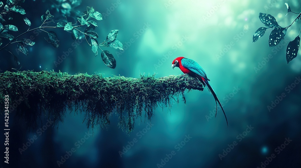 Red and blue birds on mossy branch in forest with butterflies flying overhead