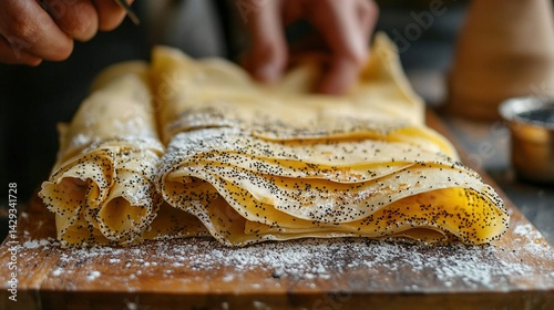 Obraz na płótnie A close-up of a person preparing a pastry on a wooden cutting board, with powdered sugar visible w salonie