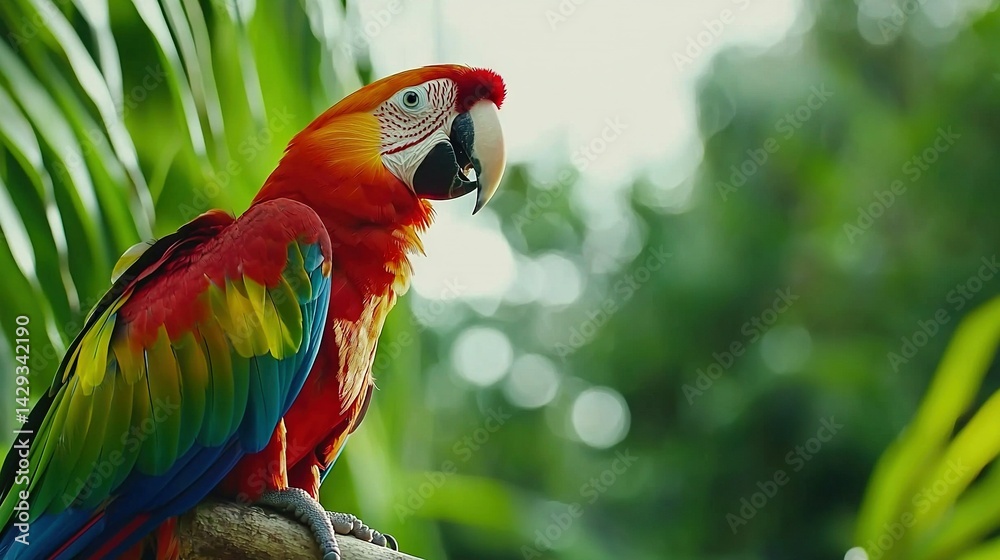 A vibrant parrot perched atop a tree limb amidst a verdant canopy of palm leaves