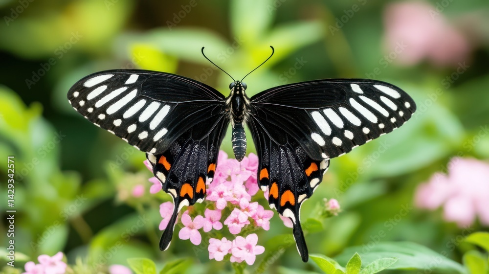 Naklejka premium Magnificent Black and White Butterfly on Pink Flowers