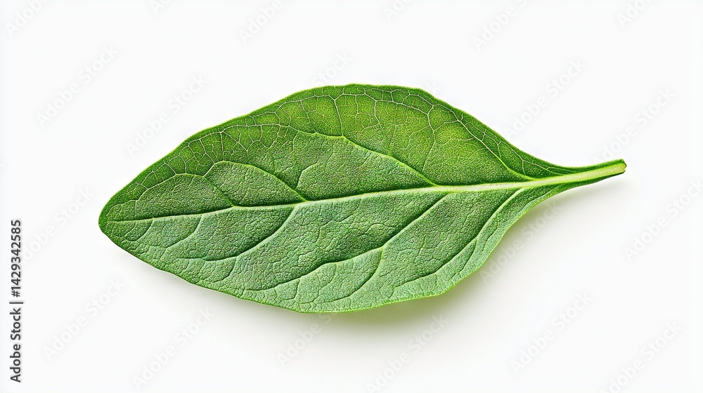 Green leaf on white background with shadow to its left