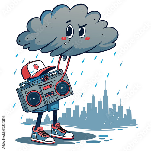 A fluffy anthropomorphic cloud character, smiling, holds a boombox, raining cheerful music onto a vibrant city.  Details include colorful buildings and happy people.