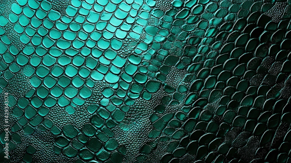 Close-up of a green wallpaper with fish scale patterns and water droplets on its surface