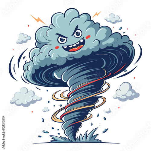 A fluffy, mischievous cloud monster, with swirling appendages, joyously rides a powerful, chaotic tornado amidst a stormy, swirling, dark grey sky.