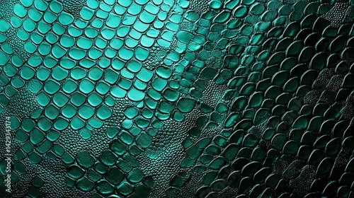 Obraz na płótnie Close-up of a green wallpaper with fish scale patterns and water droplets on its surface w salonie