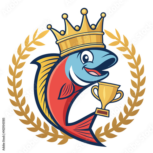 A cheerful cartoon fish wearing a crown containing a golden trophy, smiling broadly.  The style should be vibrant and playful.