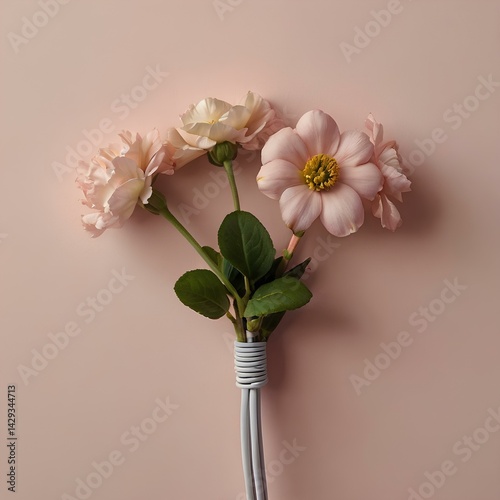 Pink flowers spring from a cable on a pink background.