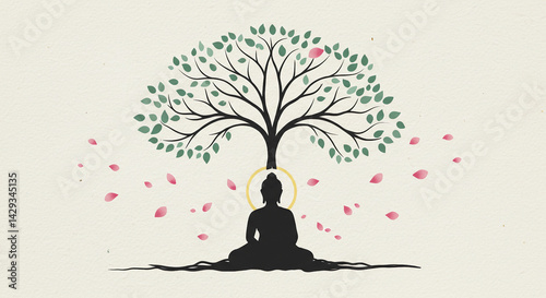 Vesak - A minimalist illustration of a Buddha silhouette meditating beneath a Bodhi tree with lotus petals falling around.