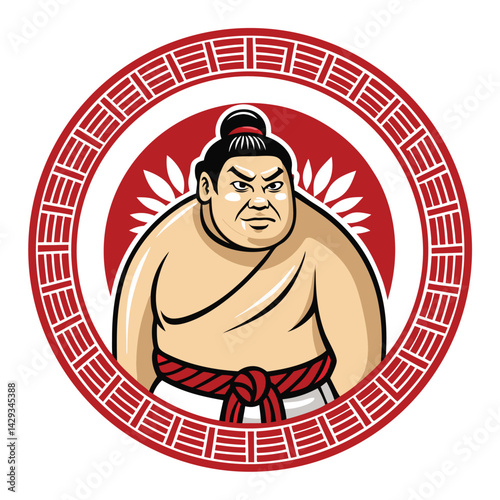 Create a cartoon sumo wrestler, cheerful expression, inside a circular frame with a 't' (1) subtly incorporated into the design.  High-resolution, vibrant colors.
