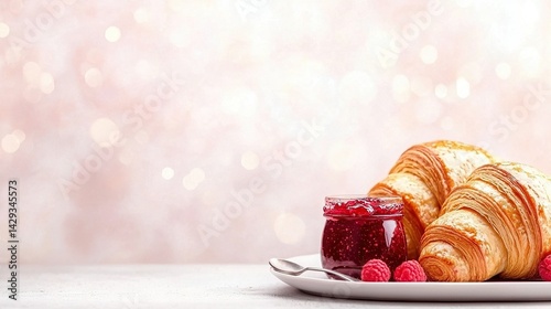   A white plate with croissants and raspberries sits beside a jar of raspberry jam