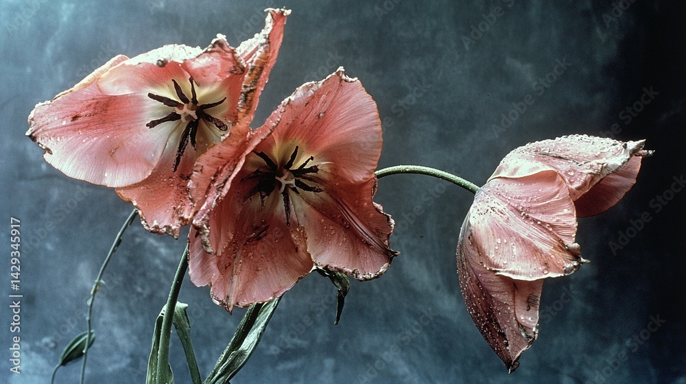 A detailed image of a flower with water droplets on its petals and a blue background wall