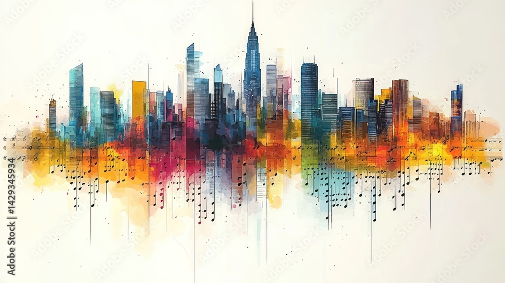 Obraz premium Symphony of the City: A Watercolor Cityscape with Musical Notes