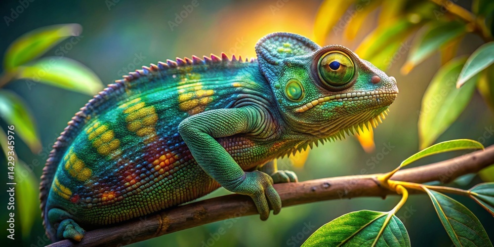 Obraz premium Vibrant Chameleon Perched on a Branch, Basking in the Warmth of Sunlight Among Lush Green Foliage