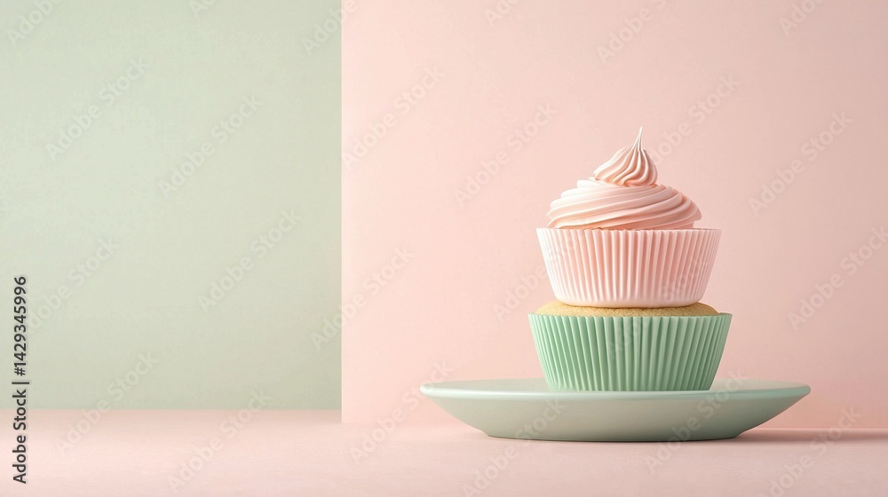 A cupcake sits atop a pink plate beside a green cupcake perched on a white plate